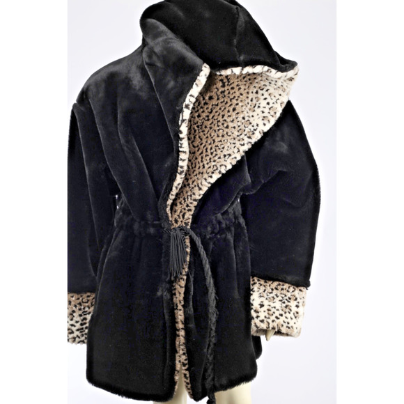 Vintage Black Faux Fur Shearling Coat Leopard Print Collar Cuffs Plush Size M - Picture 6 of 14